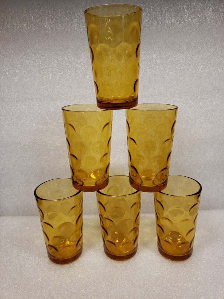 Vtg~6 Hazel Atlas~ Amber~El Dorado Optic Dot~4″Tx2.25″W~6oz. Juice Glasses(DR15)