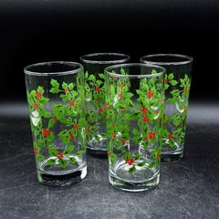 Casa Pottery Barn Christmas Holly Leaf Berry Set of 4 Tumblers Hi Ball Glasses