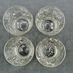 4 Etched Atomic Starburst Diamond Optic Juice Glasses 3 5/8″ H MCM EUC