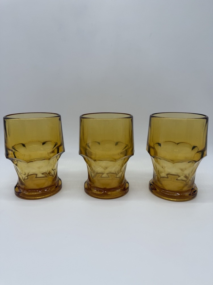 3 Vintage Anchor Hocking Amber Glasses Georgian Honeycomb Honey Gold 5″ t. 11oz.