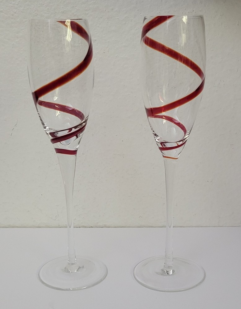 PIER 1 Red Candy Cane Swirl Swirline Champagne Glass Glasses 9 7/8″ Tall Pair