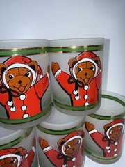 Vintage Frosted Teddy Bear 22kt Gold Rim Lowball Set Of 7 Drinking Glasses 4×3”