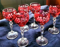 Barware Czech/Bohemian Cranberry Cut to Clear Etched Cordial/Sherry Glasses (6)