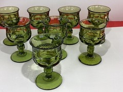 Set of nine Vintage Indiana glass Green kings crown cordial juice Glasses READ