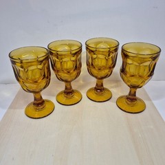 Vintage Amber Glass Goblets Set of 4 Thumbprint Pattern Water Wine Chalices 6in