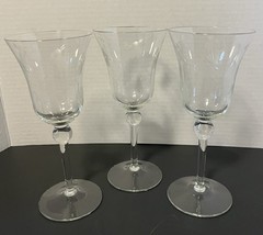 Set of 3 Vintage Crystal Wine Glasses Etched Floral & Leaf Pattern 7.25”H