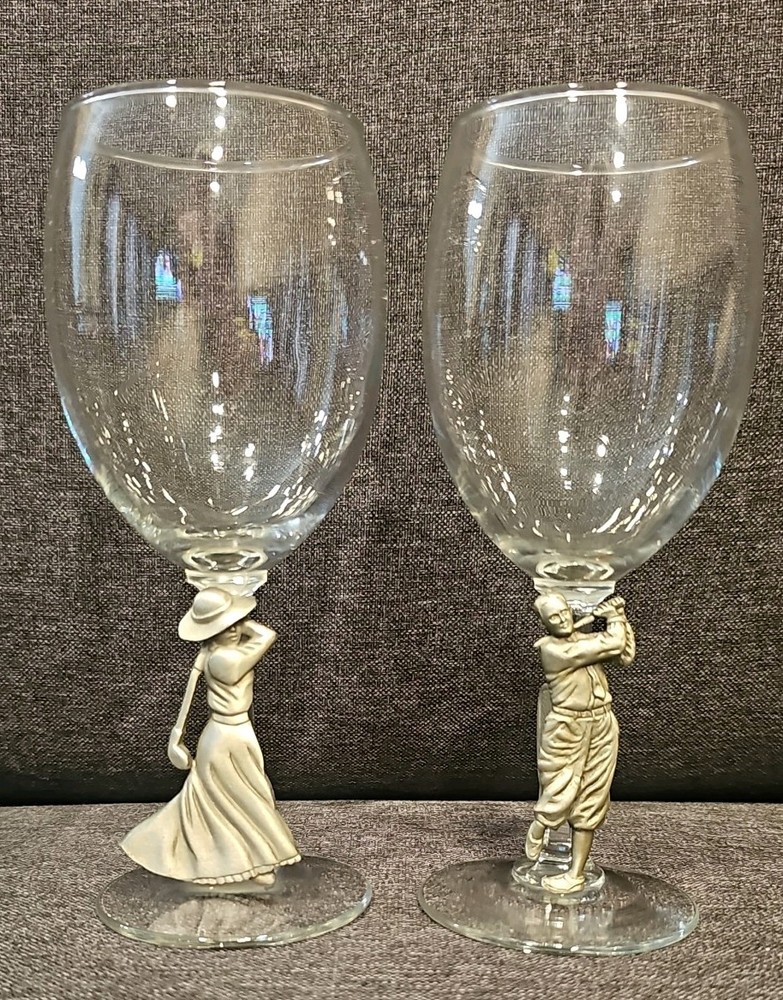 Fort Pewter Male Female Golfers Wine Water Glass Set Golf Gift Vintage