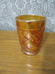 Vintage Dugan Diamond Marigold Carnival Glass Grapevine Lattice Tumbler – 4″