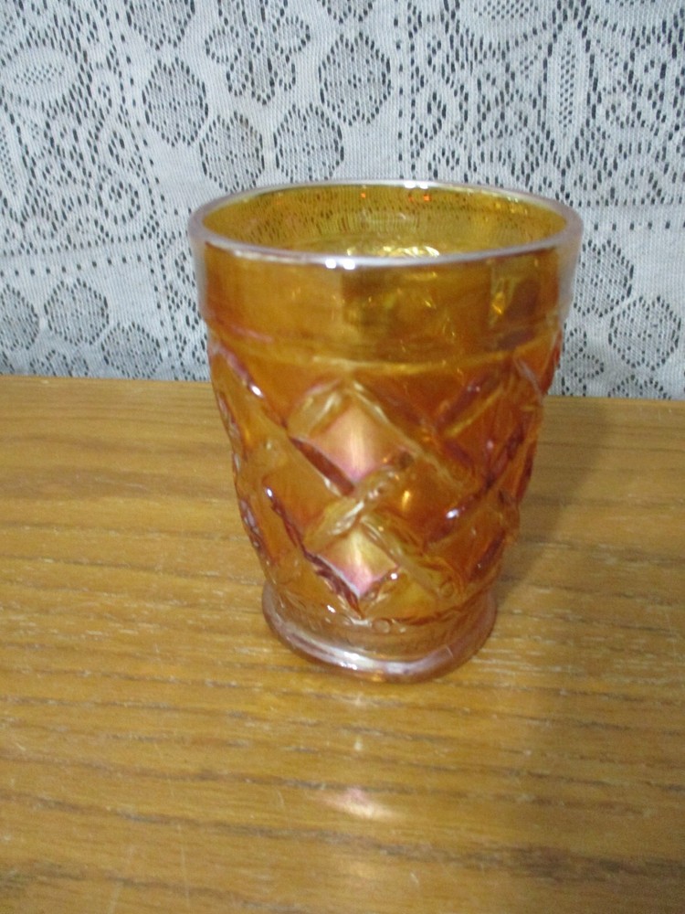 Vintage Dugan Diamond Marigold Carnival Glass Grapevine Lattice Tumbler – 4″