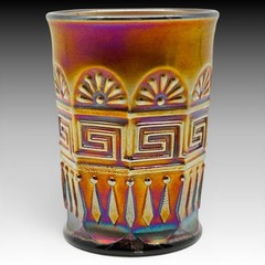 Northwood Greek Key Black Amethyst Carnival Glass Tumbler, Antique 4 Inches