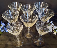 Set of 8 Cool 1955 MCM Cut Glass «Carlton Dots» 6 Wine, 2 Aperitif Glasses