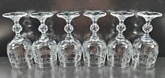 6) Import Assoc Cascade Wine Glass Set Vintage Clear Etch Stemware Retro Bar Lot