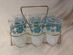 Vintage set of six Mid-Century Modern highball drinking glasses W/ Wire Rack