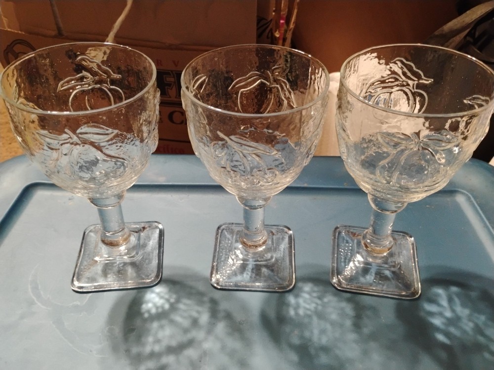 3 Vintage Libbey Rock Crystal Goblets With Square Bases And Etched Patterns