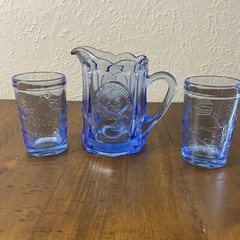 Tiara Indiana Glass Blue Child’s Nursery Rhyme Tumblers & Pitcher Beverage 10465