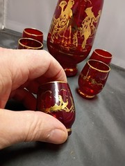 Red Glass Murano Gold Trim Bottle W/Five Glasses Courting Couple Venetian Attire