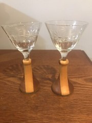 Vtg Set Of 2 Two Tone Wooden Stem Cordial Glasses Etched Flowers Handmade Base