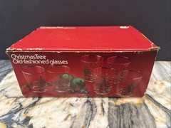 Set of 6 Libby Christmas Tree Lowball Old Fashioned Gold Rimmed Glasses