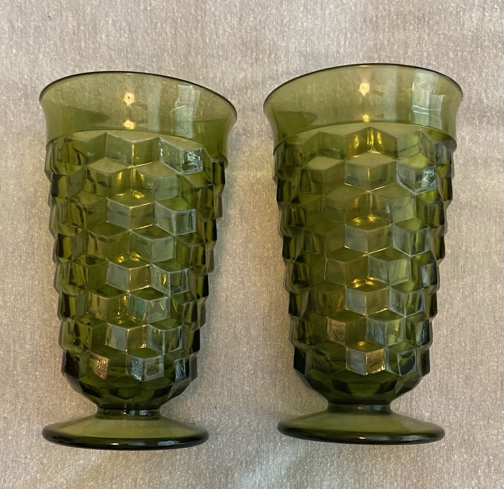 Vintage Indiana Glass Whitehall Colony Cubist Avocado Green Footed Glasses Set 4