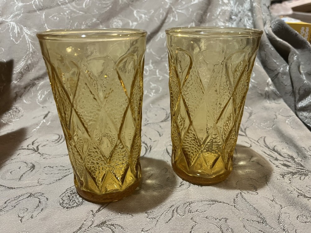 2 Vintage Anchor Hocking Fire King Amber Gemstone Kimberly DiamondGlass Tumbler