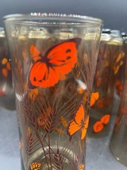 Vintage Butterfly Wheat Amber Smoke Glass Tumblers Set of 8 Orange Floral