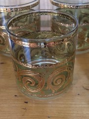 Signed Culver Toledo Green 22K Gold Rocks Glasses Set of 5 Vintage MCM Barware