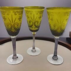Stemware Goblet Tall 9.5” Raised Etched Wine Yellow Purple Stem See Description