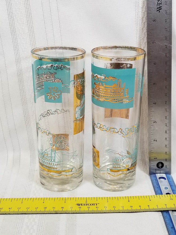 Vintage MCM 1960s Libby Highball Steam Boat Paddle Ship Glasses Turquoise Gold