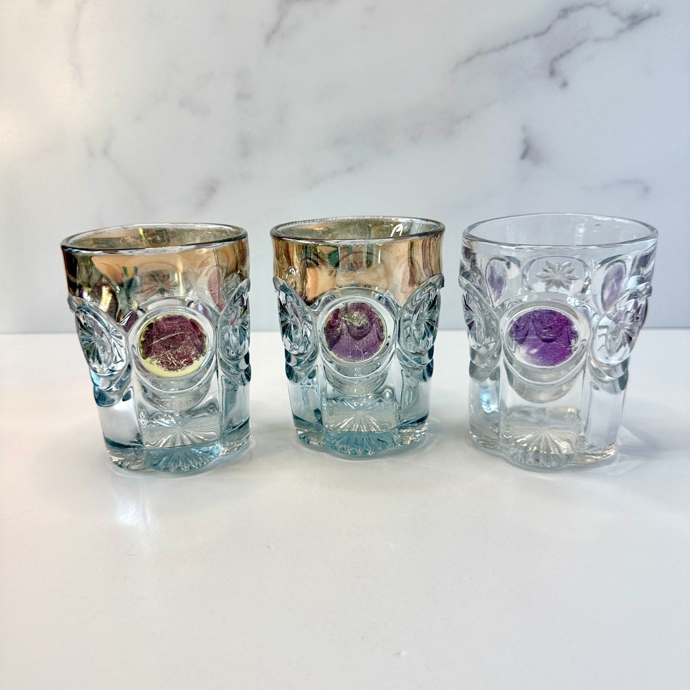 💠 Antique EAPG Purple Flashed Thumbprint Tumblers Gold Trim Set of 3