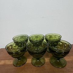 Vintage Bartlett-collins Bullseye Cane Avacado Green Glass Low Sherbet 6 Pc Set