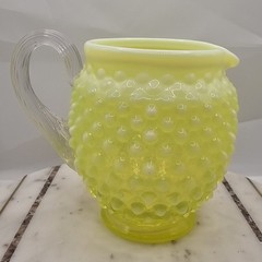 VTG Fenton Uranium Hobnail Opalescent Vaseline Glass Pitcher Yellow Clear Handle