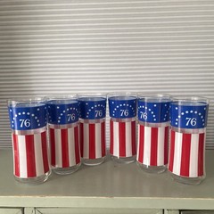 6 Vintage 1976 Libbey Bicentennial 1776 Flag Glasses 12 Oz, Red White Blue Stars