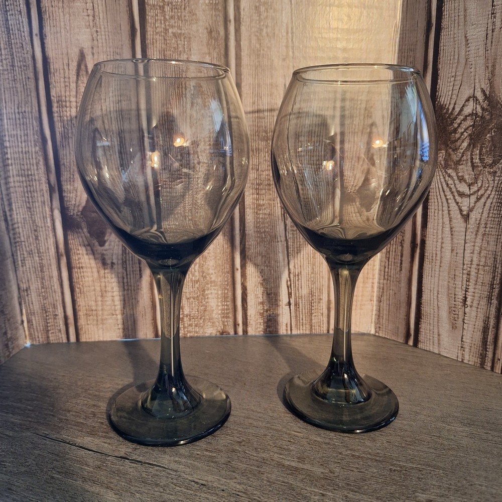 Retro Set of 2 Smokey Gray Stemmed Wine Glasses 1970’s Libbey Nova