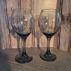 Retro Set of 2 Smokey Gray Stemmed Wine Glasses 1970’s Libbey Nova