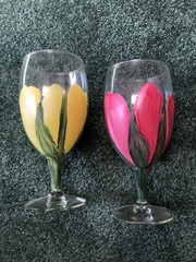 Vintage Floral Wine Juice Glasses Hand Painted Pink Yellow Flowers Granny