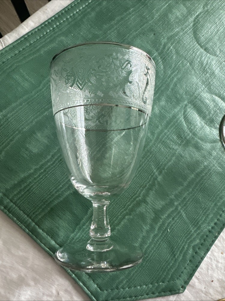2 VTG Glastonbury Lotus BROCADE Platinum Trim/  6” ICE TEA Goblets Stunning!