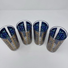 4 Georges Briard Highball Glass MCM Firenza Blue & 22K Gold Italian Renaissance