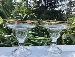 VINTAGE Set 2 GOLD RIM Crystal Sherbet Glasses Compote Dessert double gold line