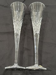 2x WATERFORD CRYSTAL WISHES Happy Celeb Toasting Flutes Pair Very Good Preowned