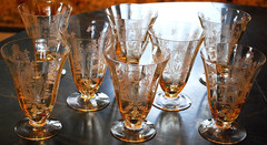 Vtg Set 8 LA FLEURE YELLOW 4.75″ Etched FOOTED TUMBLERS Glass TIFFIN FRANCISCAN