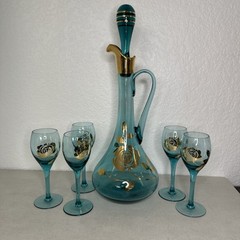 Vintage Teal Bohemian Decanter Set Gold Rose Flower Wine Decanter & 5 Glasses