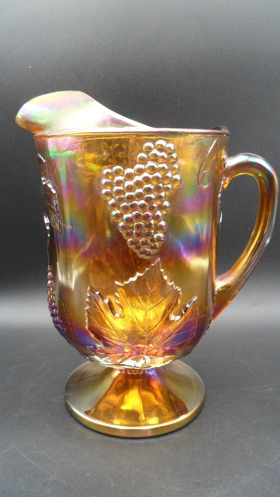 Indiana Carnival Glass Pitcher Gold Iridescent Harvest Grapes Leaves Vintage