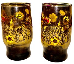 VINTAGE FLORAL Brown Yellow and Orange Juice Glass Set of 2