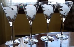 Vintage Set 4 FROSTED SWIRL CUT LEAF Crystal Water Goblets 8 1/8″ Midcentury Mod