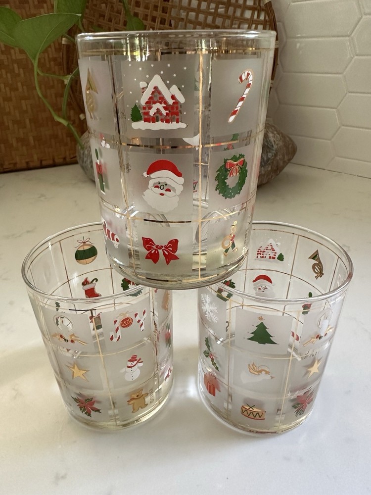 Vintage Culver Christmas Rocks Glasses Set of 3 Frosted Gold Holiday Tumbler MCM