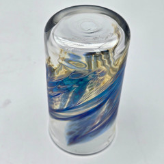 David Salazar Studio Art Glass Tumbler Iridescent Blue Pulled Feather 4″ Signed