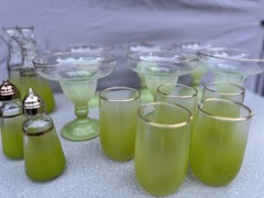Large Blendo Lime Green Barware Set With Gold Rim 15 pieces Tumblers Cruets etc