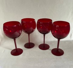 RARE Ruby Red Wine Glass Solid Opaque Stem 9”, 8” Balloon Blown Vintage 16 Fl Oz