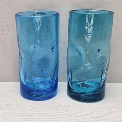 2 Blenko Turquoise Blue Glasses Crackle Dimple Pinched 6″ Vintage Tumblers READ