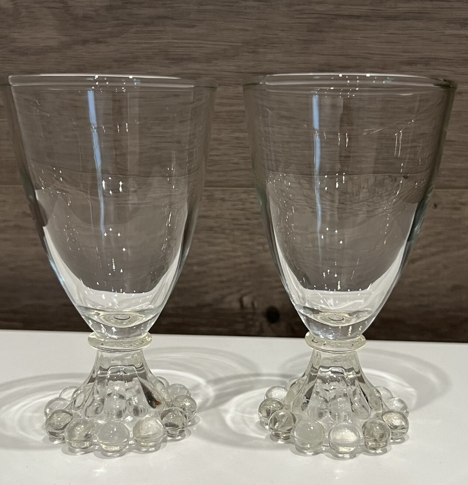 Vintage 1960s Anchor Hocking Boopie Beaded Footed Clear Glasses Set Of 2 4.25”